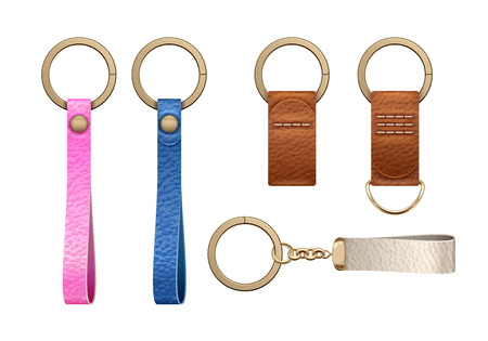 Leather key rings set. Key chains trinkets accessory vector design.