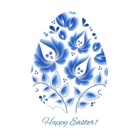 Easter egg with blue floral russian porcelain gzhel pattern. Easter greetings.のイラスト素材