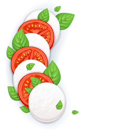 Caprese salad vector background with copy space - mozzarella, tomato and basil leaves. Italian food illustration.のイラスト素材