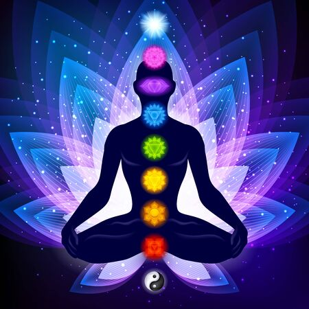 Meditating human in lotus pose. Yoga illustration.のイラスト素材