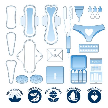 Feminine hygiene - sanitary napkins, pantyliners and tampons icon set.のイラスト素材