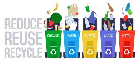 Garbage sorting and recycle background with color trash bins. Reduce reuse recycle slogan.のイラスト素材
