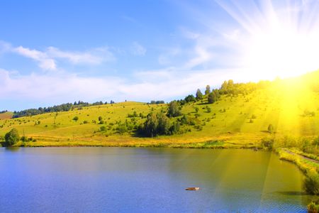 The lake and the sunriseの写真素材