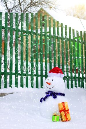 Snowman near houseの写真素材