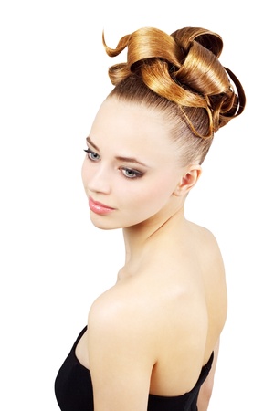 Girl with creative hairstyle isolated on white backgroundの写真素材