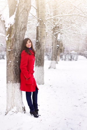 Beautiful elegant woman in red coat  winter natureの写真素材