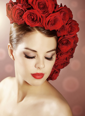 Portrait of beautiful girl with perfect makeup. light backgroundの写真素材