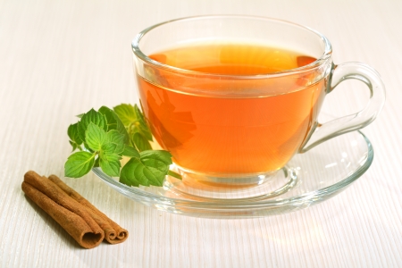 Black tea and mint leavesの写真素材