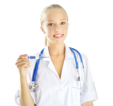 Female doctor with digital thermometer isolated on white backgroundの写真素材