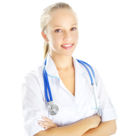 Portrait of a happy female doctor isolated on white backgroundの写真素材