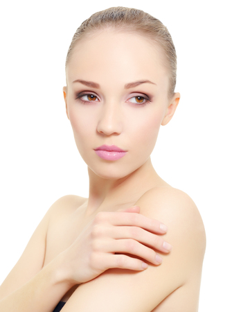 Beautiful girl with perfect make-up isolated on white backgroundの写真素材