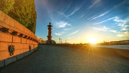 Russia, Saint-Petersburg, Vasilevsky Island, Sunsetの写真素材