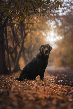 Labrador retriever in autumn park, Septemberの写真素材
