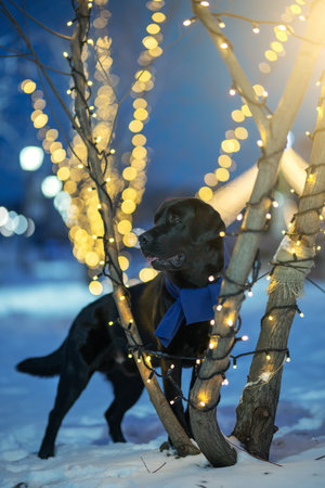 Black labrador retriever dog, in the night cityの写真素材