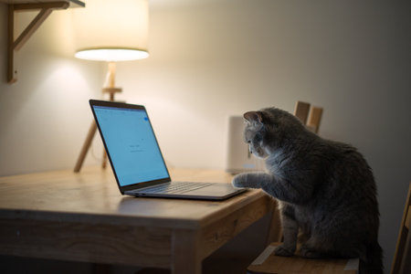 Cat working at the computer. Scottish cat with laptopの写真素材
