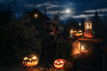 Labrador retriever posing posing for Halloween outdoorsの写真素材