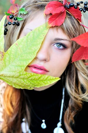 autumn face of elegant teen girlの写真素材