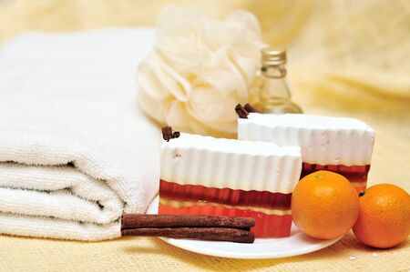 elements of spa: homemade soap, towel and so onの写真素材