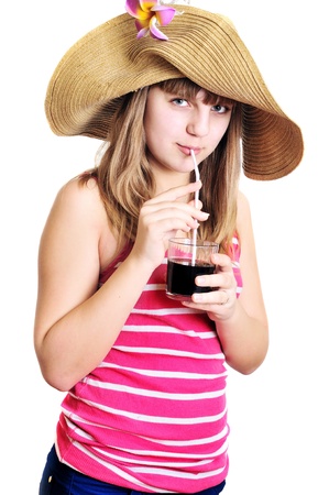 summer pretty teen girl drinking using strawの写真素材