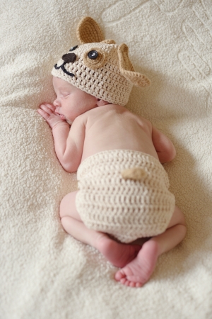 tender newborn wearing dog costume from aboveの写真素材