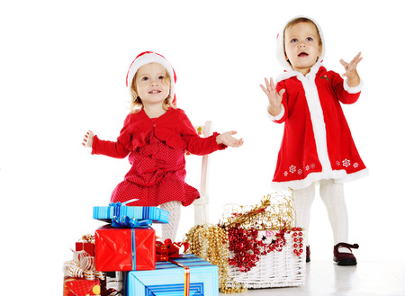two happy Santa helpers over the whiteの写真素材