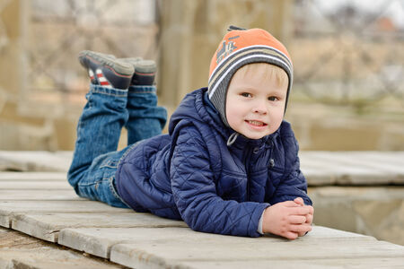 toddler boy outdoors in spring timeの写真素材