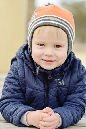 toddler boy outdoors in spring timeの写真素材