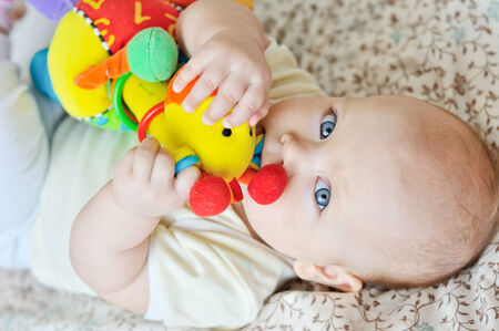 sweet baby biting a toyの写真素材