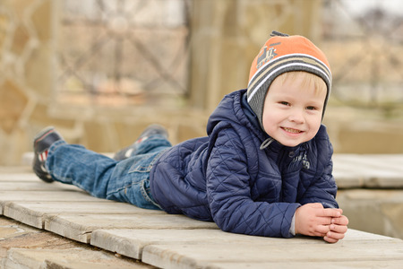toddler boy outdoors in spring timeの写真素材