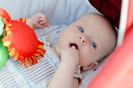 baby with fingers in mouth laying in strollerの写真素材