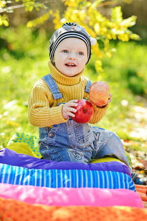 baby boy in fall on the meadowの写真素材