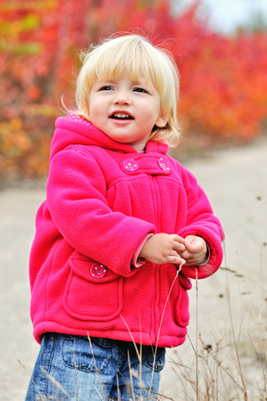 cute toddler girl in fall parkの写真素材