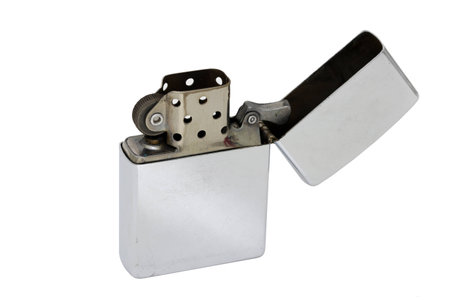 One silver Lighter isolated on white backgroundの写真素材