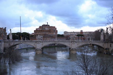 View of Tiber river and Castel Sant Angelo in Rome, Italyの写真素材