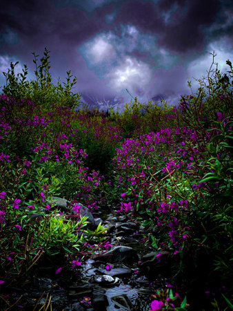 Beautiful fireweed and a small stream with a mountain backdrop