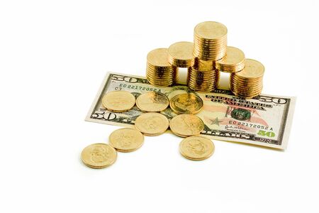 This is an arrow of US dollar coins pointing to a stack of golden coins that is resting on a crisp...