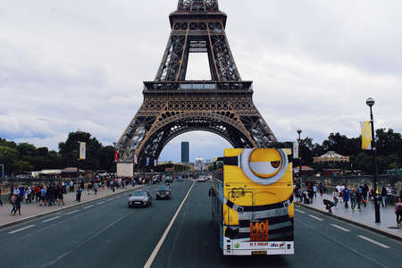 Eiffel Tower and Despicable Me bus in Paris, France.