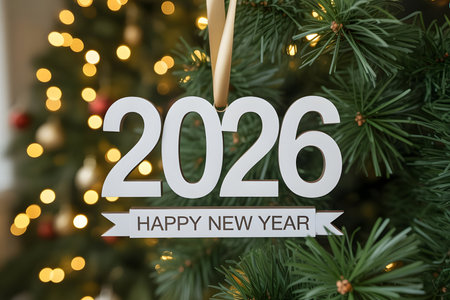 A decorative '2026 Happy New Year' ornament hangs on a vibrant Christmas tree with blurred bokeh lights, symbolizing new beginnings and festive celebrations.の素材