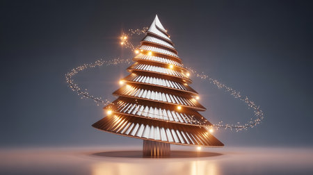 A sleek, modern metallic Christmas tree crafted from layered silver elements, illuminated by warm golden string lights. This elegant decoration evokes festive holiday cheer.の素材