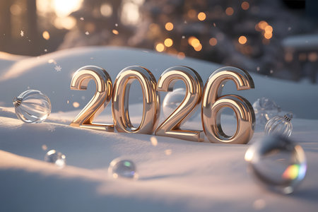 Close-up of shiny golden 2026 digits resting on fresh snow with decorative glass ornaments. Soft bokeh lights and falling snowflakes create a festive, serene winter atmosphere, symbolizing the arrival of a new year.の素材