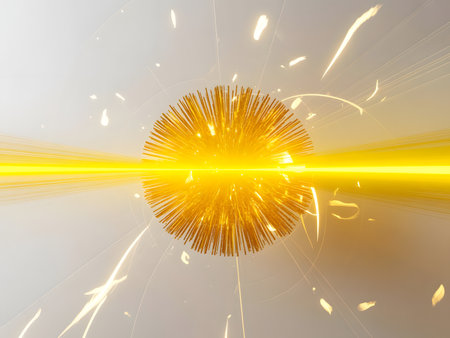 An abstract golden sphere radiates energy, pierced by a strong horizontal light beam. Dynamic particles surround the core, suggesting data, connectivity, and futuristic power.の素材
