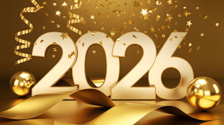 Festive golden 2026 numbers with confetti and ribbons, symbolizing new year's arrival, success, and prosperity. Ideal for cards, banners, and digital designs.の素材
