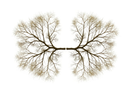 The image presents a detailed illustration of the human lungs, showcasing the intricate network of airways and alveoli. The lungs are depicted against a plain white background, emphasizing their complex structure.の写真素材