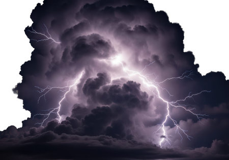 The image captures a dramatic and intense moment of a thunderstorm, with a large, dark cloud...