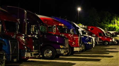 Group of parked semi trucks at a truck stop in Austinburg, Ohio