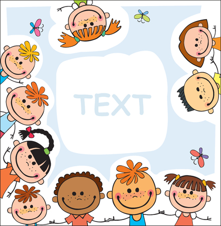 Colorful template for advertising brochure with a group of cute happy cartoon kids playingのイラスト素材
