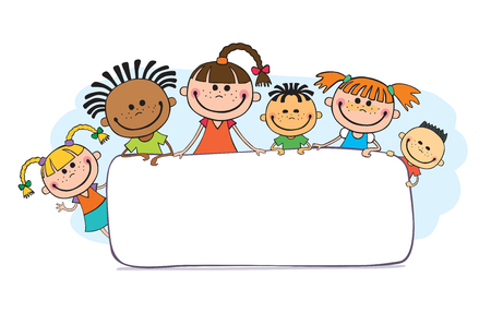 illustration of kids peeping behind banner vectorのイラスト素材