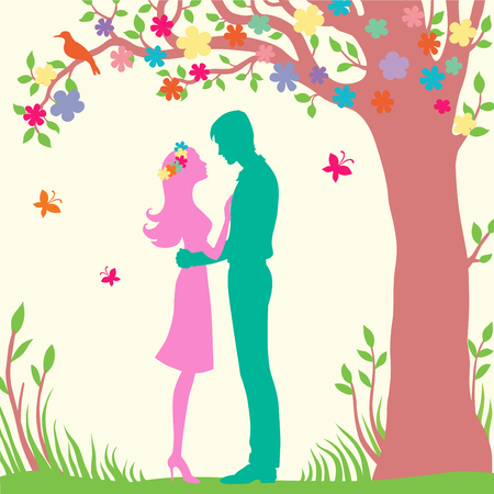 romantic couple stay under the tree vector illustrationのイラスト素材