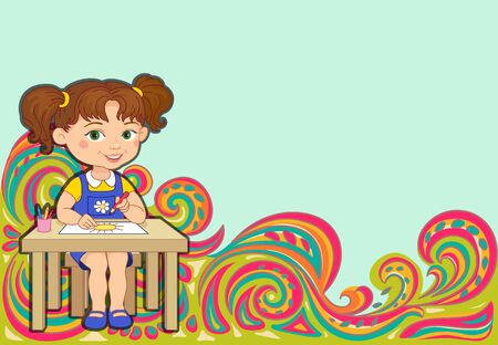 Hand drawn pattern with floral elements girl drawing school . Colorful ethnic background. Pattern can be used for fabric, wallpaper or wrapping design with peacock feathers, branches, leaves, flowers and decorative elements, eastのイラスト素材