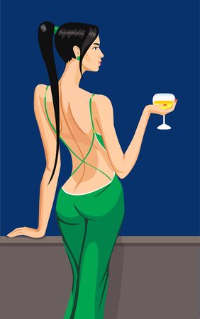 cirl lady black haer standing back on the balcony with a glass of champagne wine in night sky club bar illustrationのイラスト素材